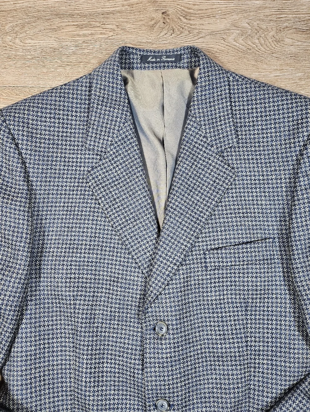 Vintage J Riggings 100% Wool Tweed Blue Tan Houndstooth Sport Coat Blazer 42R
